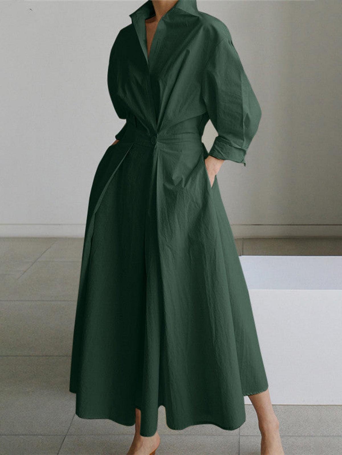 Beige cotton blend midi dress with lapel collar, button front closure, and side pocket everyday chic