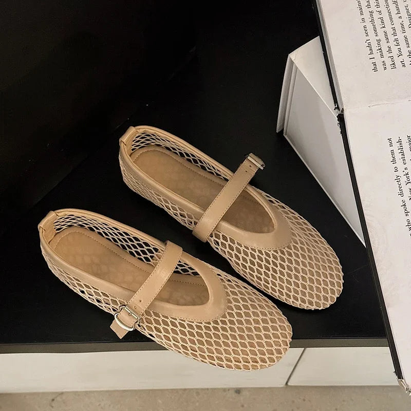 Women's mesh Mary Jane flats with breathable upper and adjustable buckle strap for lightweight comfort