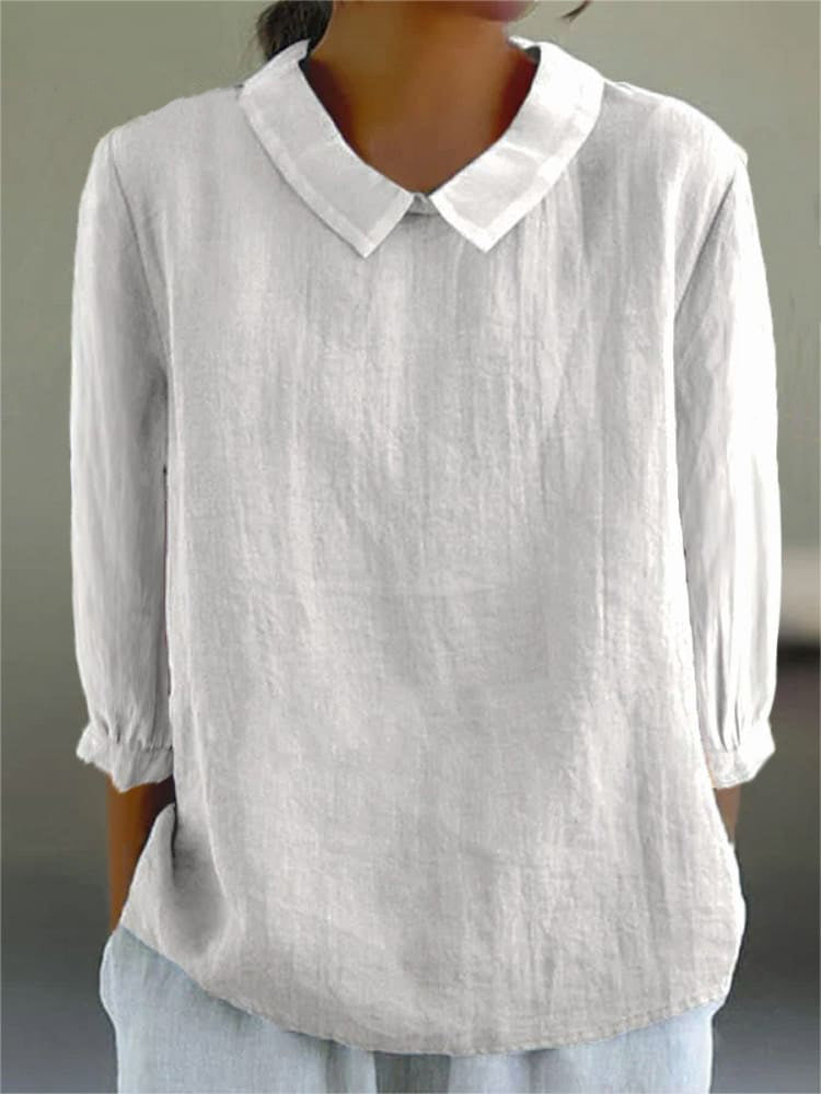 Women's cotton linen three-quarter sleeve shirt relaxed fit turn-down collar casual retro top