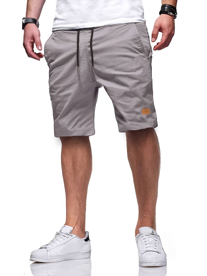 Men's gray cutoff drawstring shorts relaxed fit versatile beach casual summer wear adjustable waistband