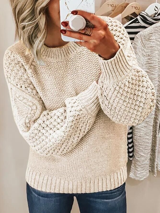 Women's loose jacquard knit crew neck sweater, thick cozy casual fit for fall winter warmth