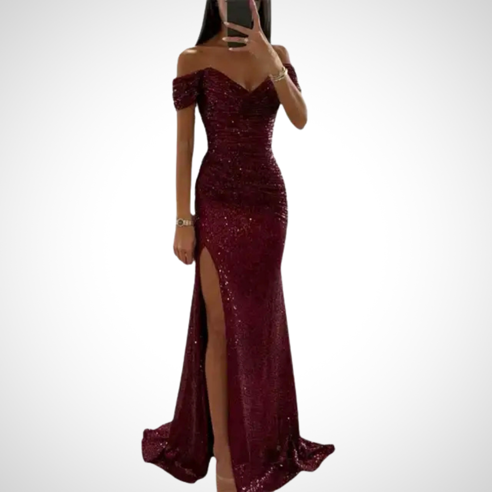 Black strapless long evening dress with fluid silhouette and elegant shoulder-baring neckline