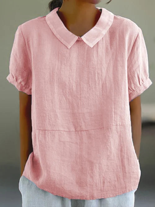 Women's relaxed linen short-sleeve blouse, breathable lightweight fabric for effortless warm-weather style