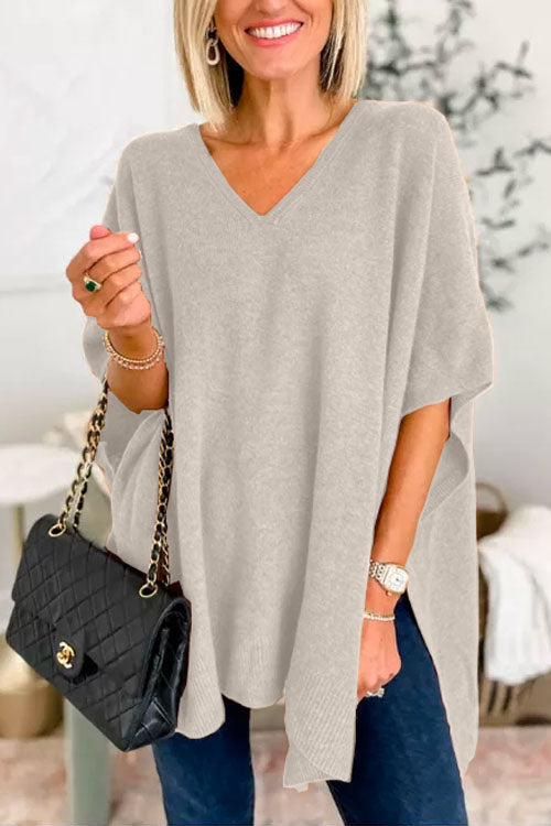 Women's solid cashmere V-neck poncho sweater, loose fit lightweight layering essential