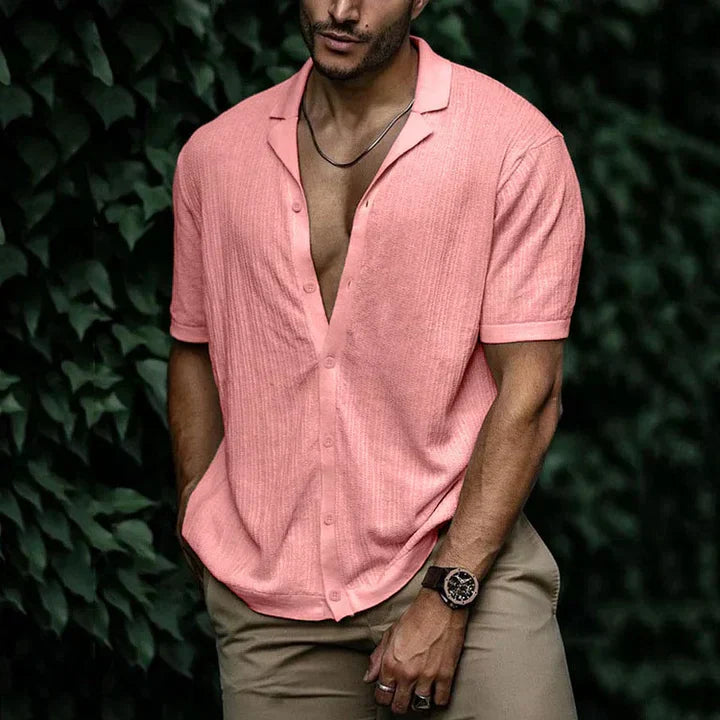 Men's relaxed-fit linen cotton short sleeve shirt, lightweight breathable open-collar summer style