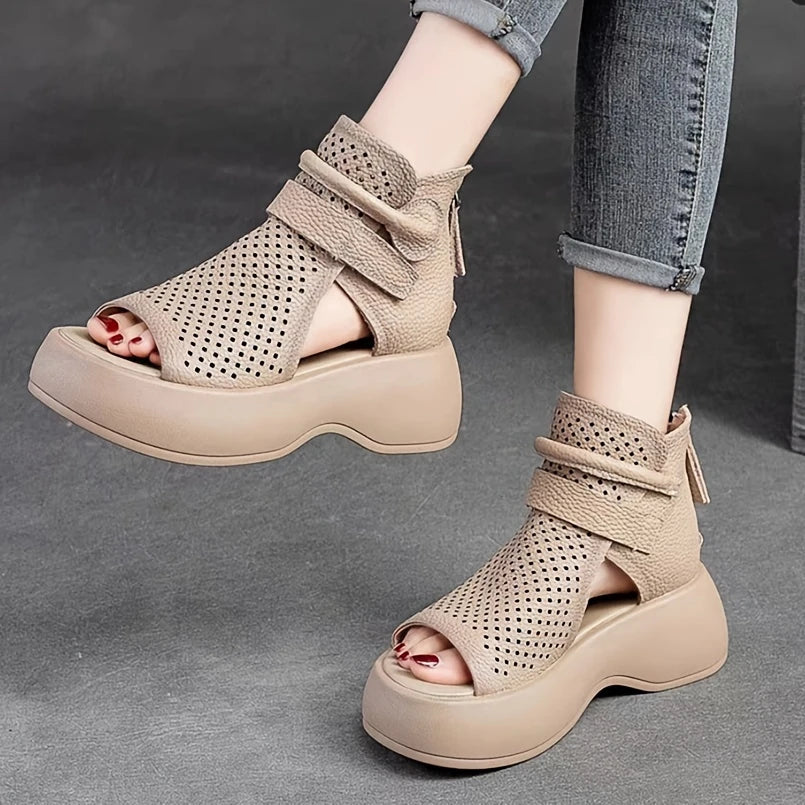 Women's beige platform sandal vegan leather cutouts adjustable ankle strap cushioned insole bold structure