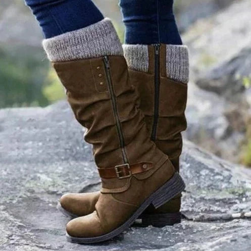 Women's ankle boots with knitted cuff, buckle detail, side zipper, and low heel for everyday comfort