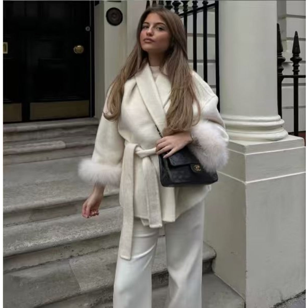Women's belted faux fur sleeve coat cozy winter warmth elegant casual cold weather style