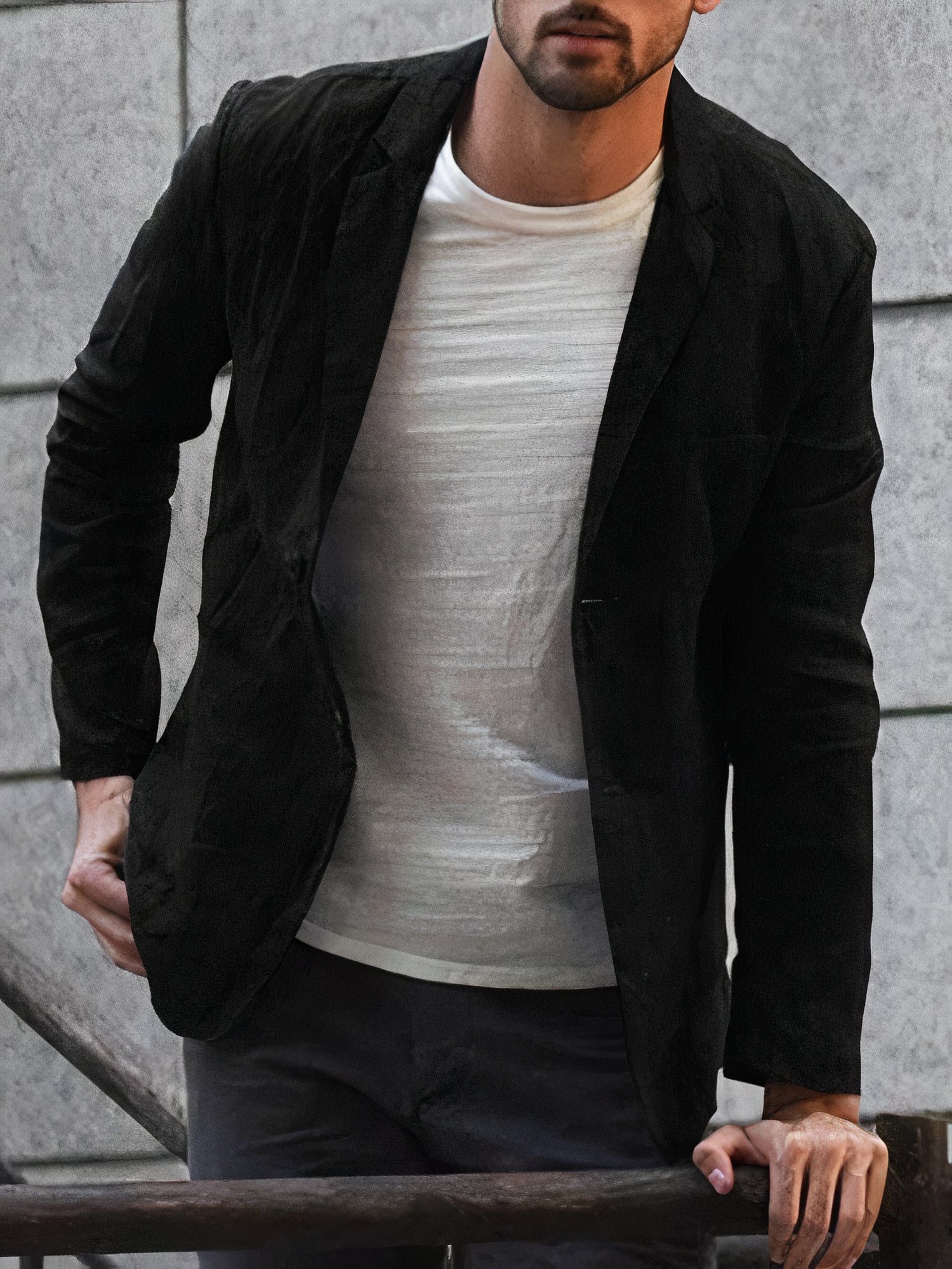 Navy blue men's tailored jacket sleek adjusted silhouette with front closure for modern everyday style