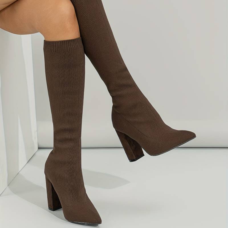 Women's ribbed knit knee-high sock boots pointed toe sleek neutral-tone stretch fit
