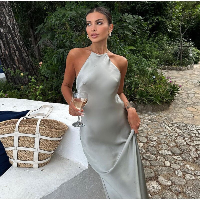 Champagne satin midi halter dress fluid silhouette sleeveless summer formal women