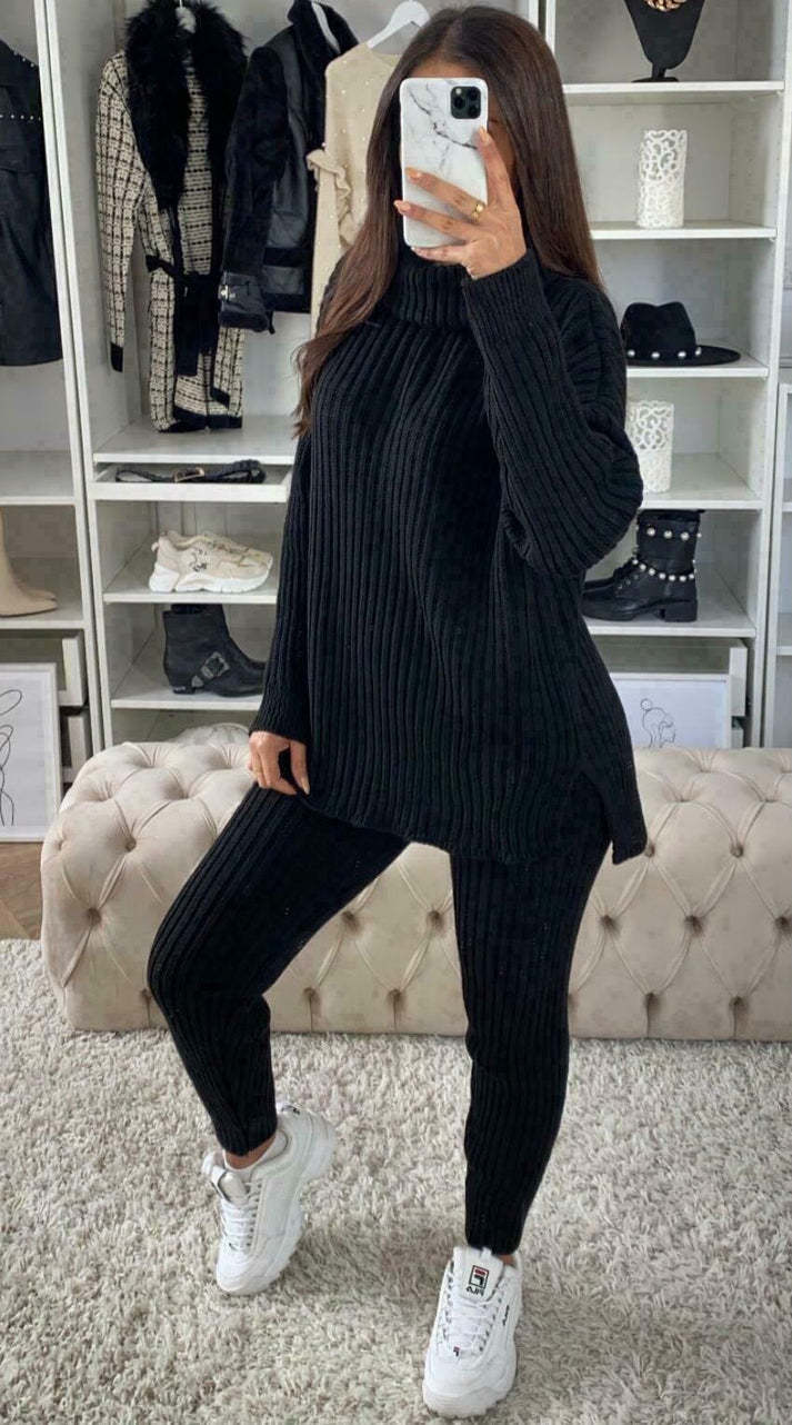 Women's cozy plush knit polo collar loungewear set with matching leggings for all-day comfort