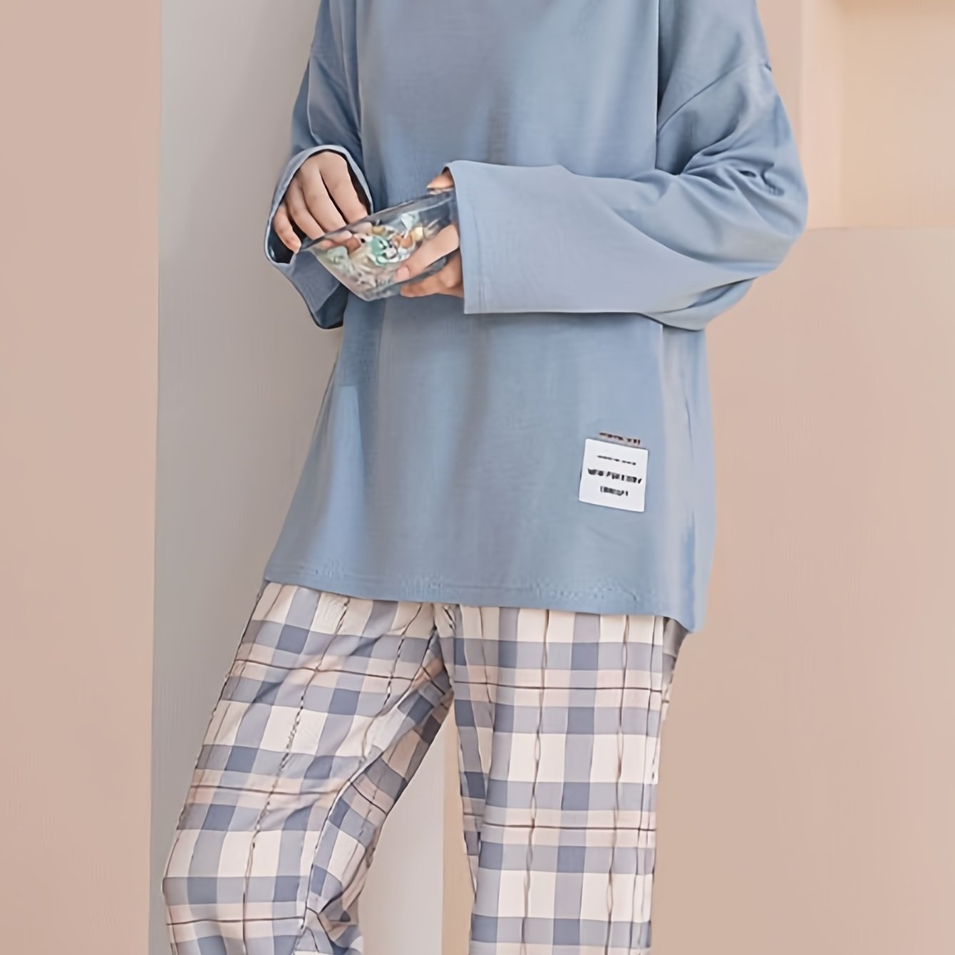Women's two-piece pajama set short sleeve top loose checked pants comfortable sleepwear