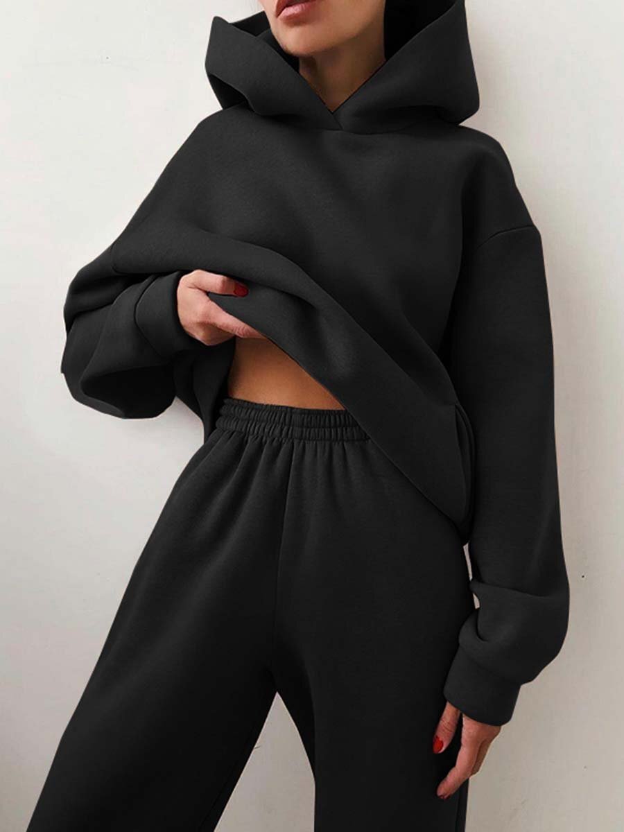 Women's solid color hooded tracksuit two-piece set casual polyester fall winter matching pants