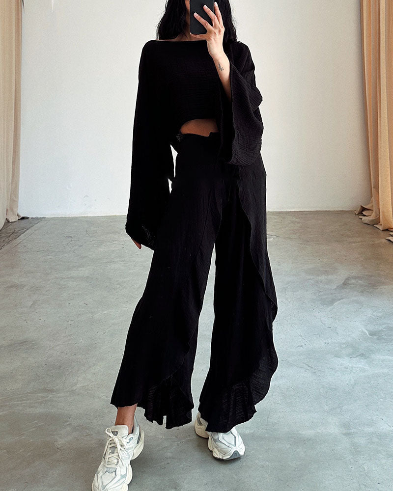 Beige gauze two-piece set cropped wide-sleeve top high-waisted wide-leg pants wrap slit beach style