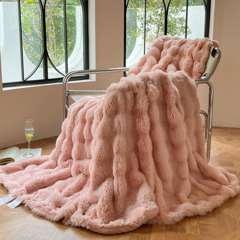 Beige faux fur throw blanket ultra-plush cloudlike texture cozy luxury contemporary home decor