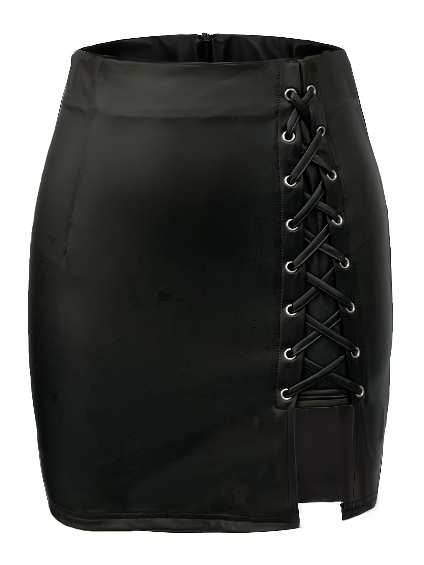 Black high-waist leather-look mini skirt with lace-up detail and front slit, edgy silhouette