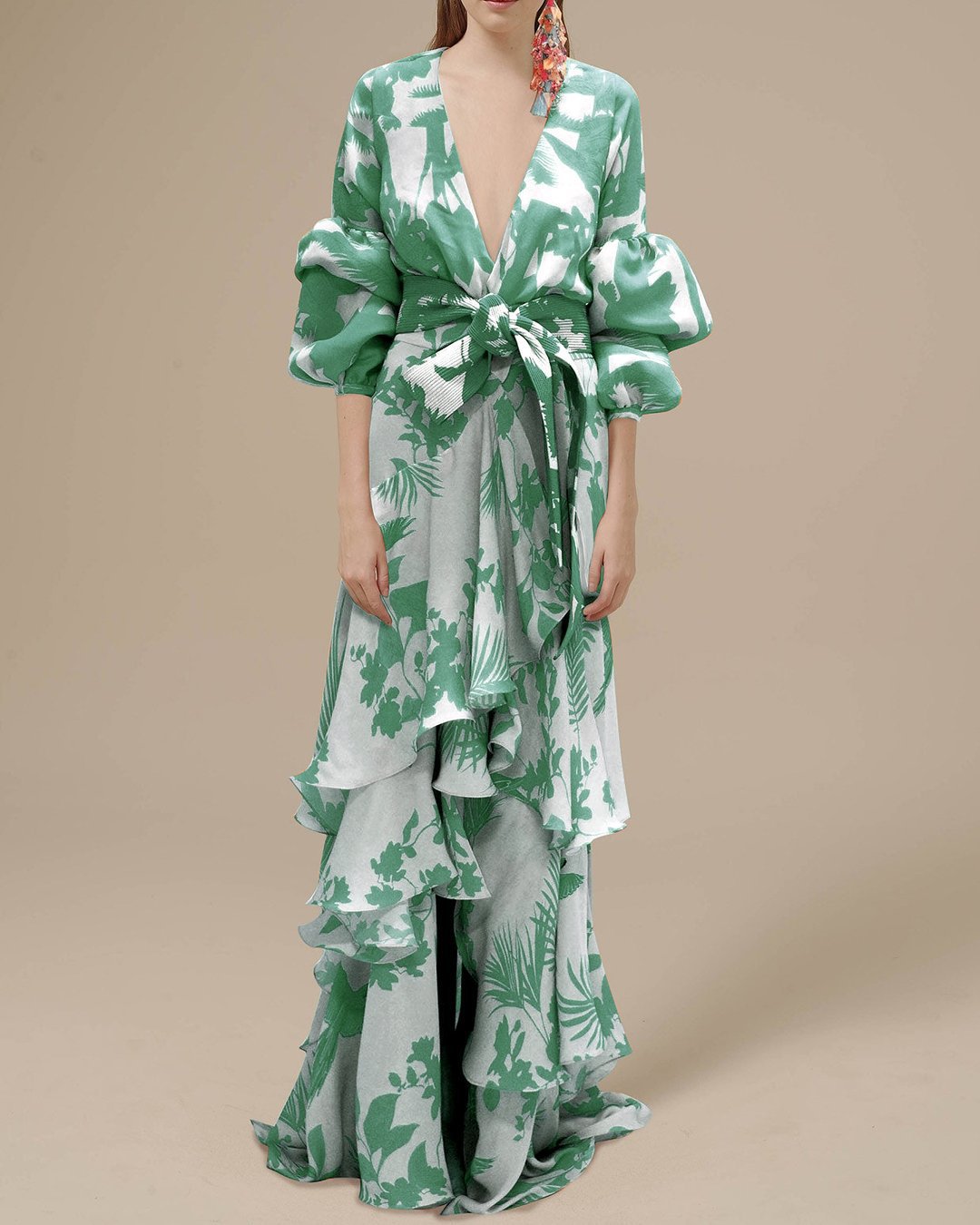 Vibrant print flowing ceremony dress with airy fabric, fluid silhouette for brides and wedding guests