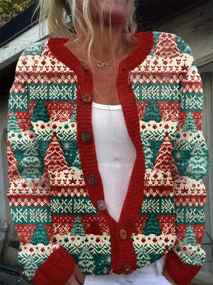 Women's button-front knit cardigan floral pattern ribbed trim everyday comfort layering essential