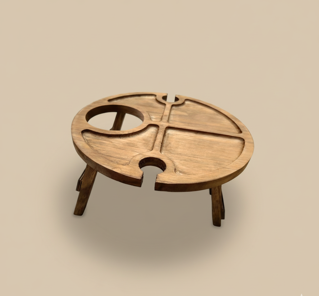 Oak wood foldable round table with wine and glass slots, Nordic minimalist style, 12-inch