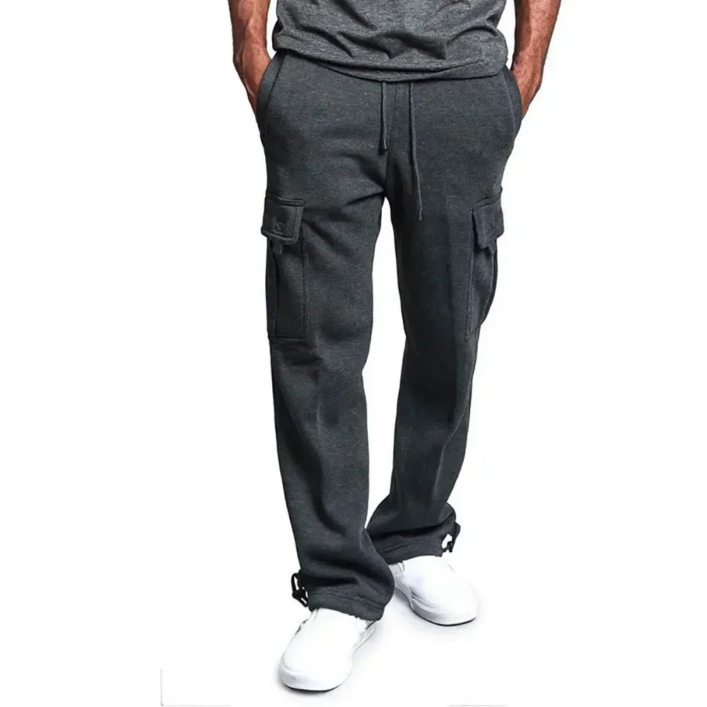 Men's gray fleece cargo sweatpants relaxed fit with adjustable drawstring waist and cargo pockets