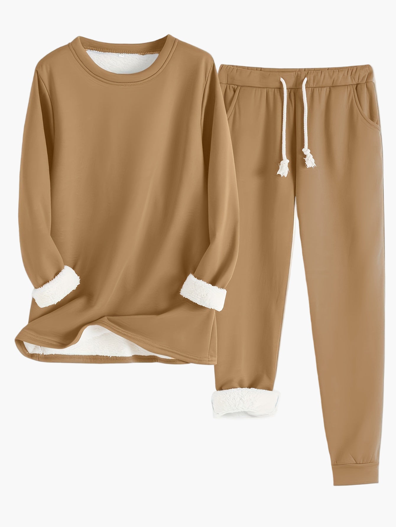 Women's two-piece lounge set soft gray relaxed fit round neck top elastic waistband pants homewear