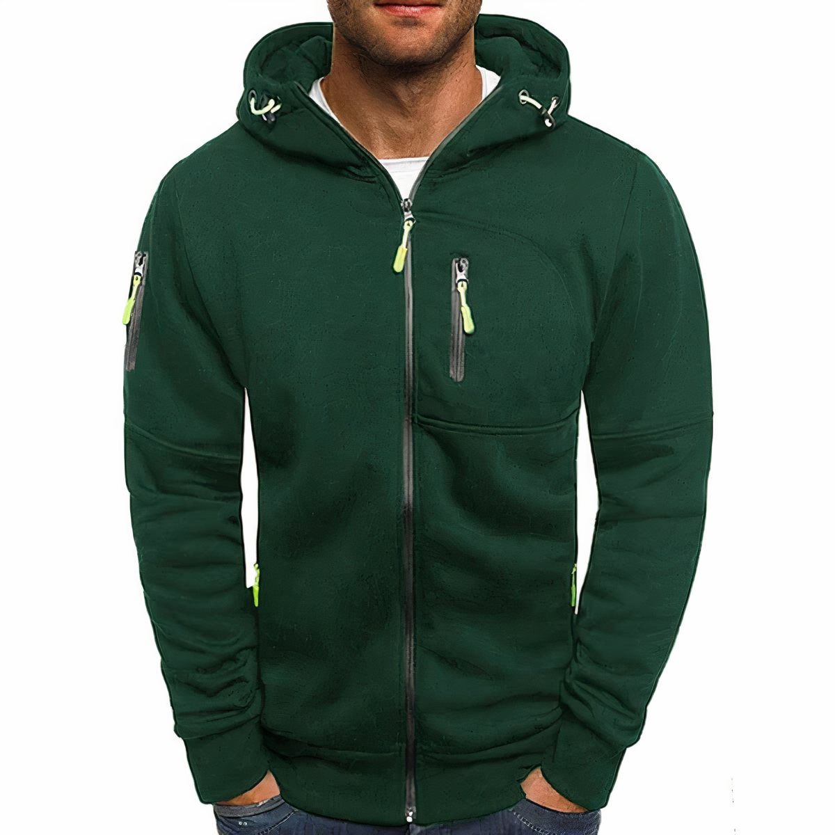 Men's lightweight urban zip-up hoodie in modern cut with adjustable contrast-cord hood and front pockets