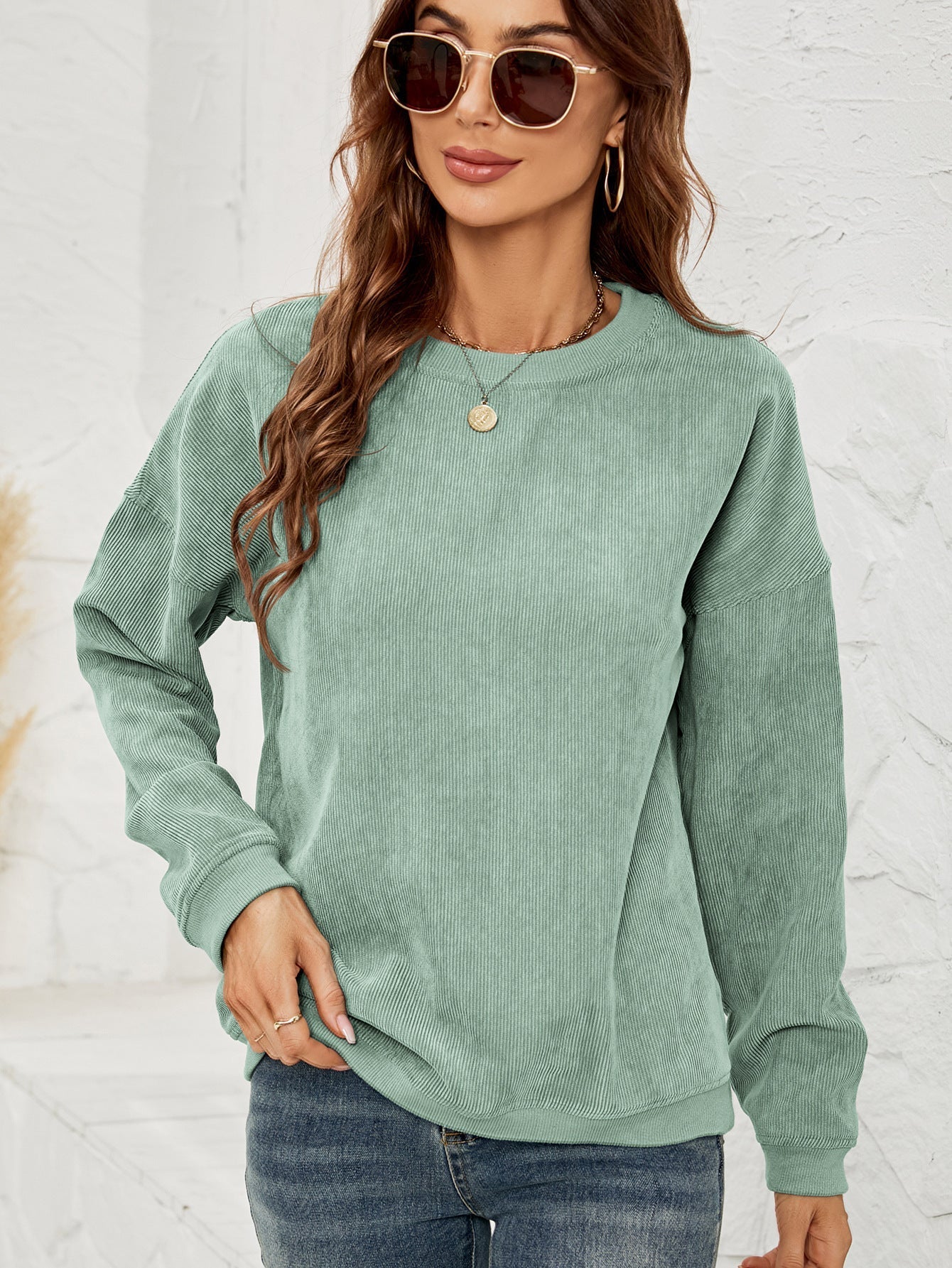 Women's solid corduroy pullover sweatshirt cozy everyday layering piece with ribbed texture