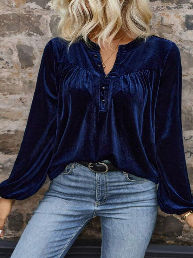 Women's loose velvet blouse with soft sheen, elegant drape, perfect for office or special occasions