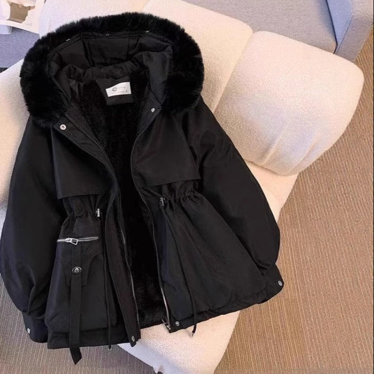 Women's cozy faux fur winter coat with removable hood, sleek silhouette for all-day warmth