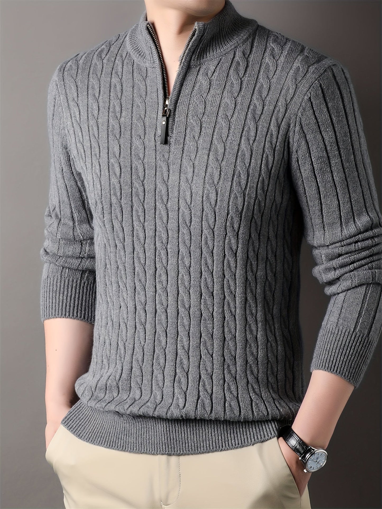 Men's ribbed cable knit winter sweater half-zip collar warm comfort fit neutral tone