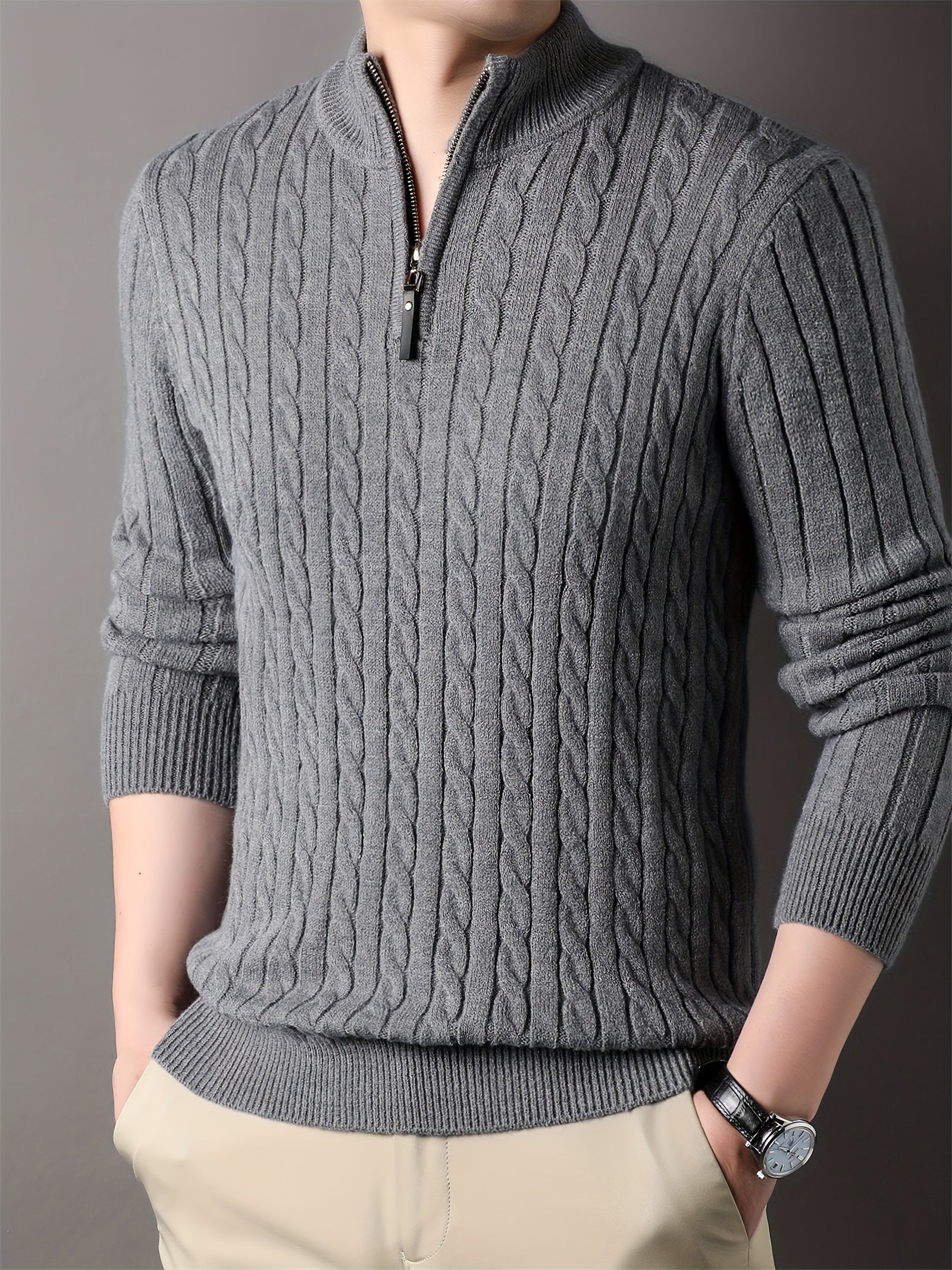 Men's ribbed cable knit winter sweater half-zip collar warm comfort fit neutral tone