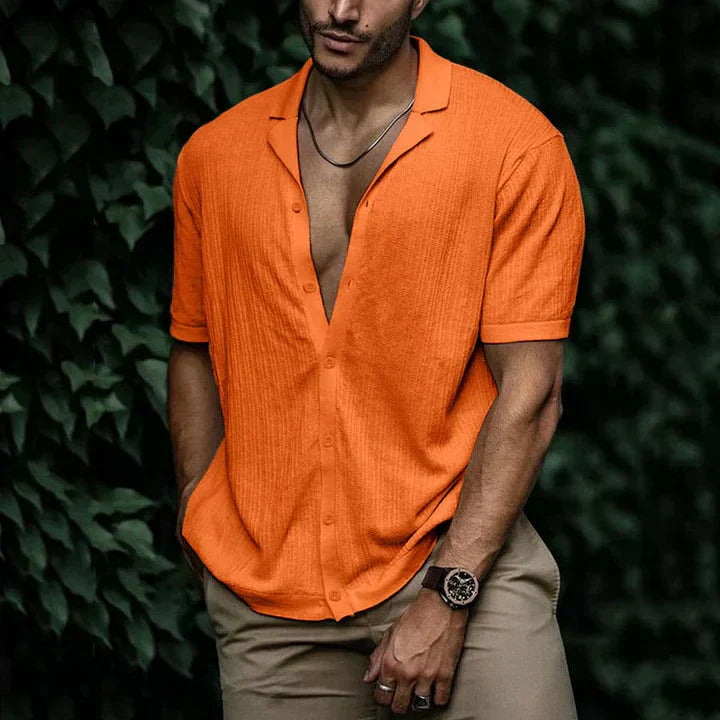 Men's relaxed-fit linen cotton short sleeve shirt, lightweight open-collar design for summer comfort