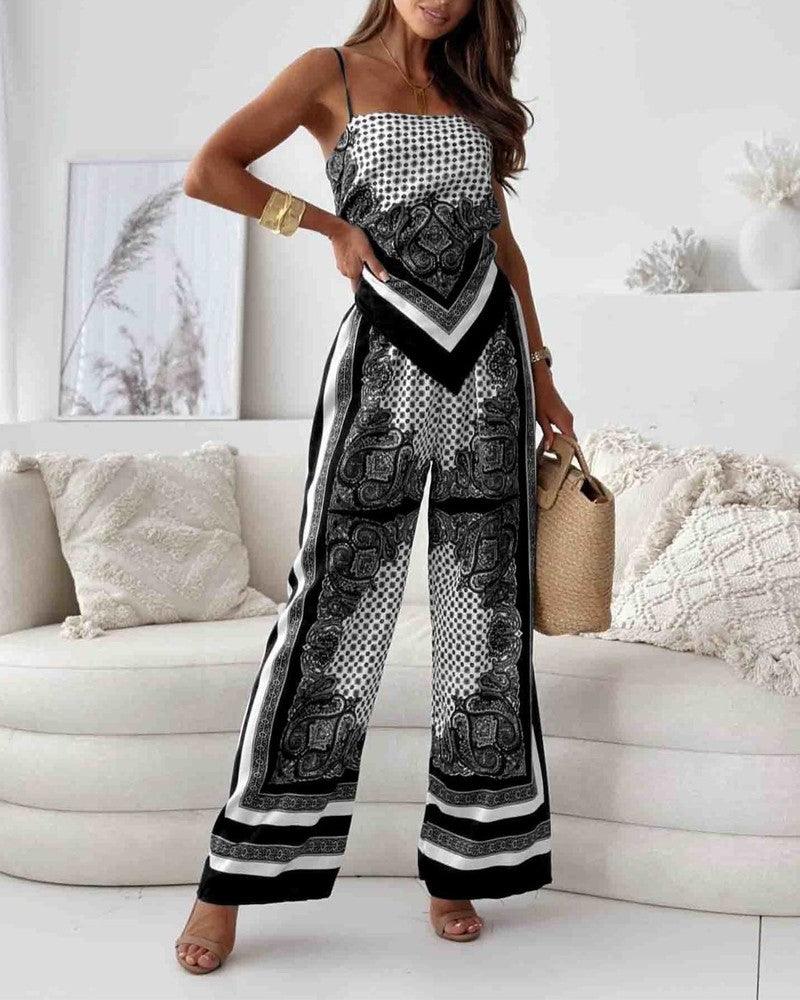 Women's printed lace-up vest and pants two-piece set, chic casual coordinated everyday outfit