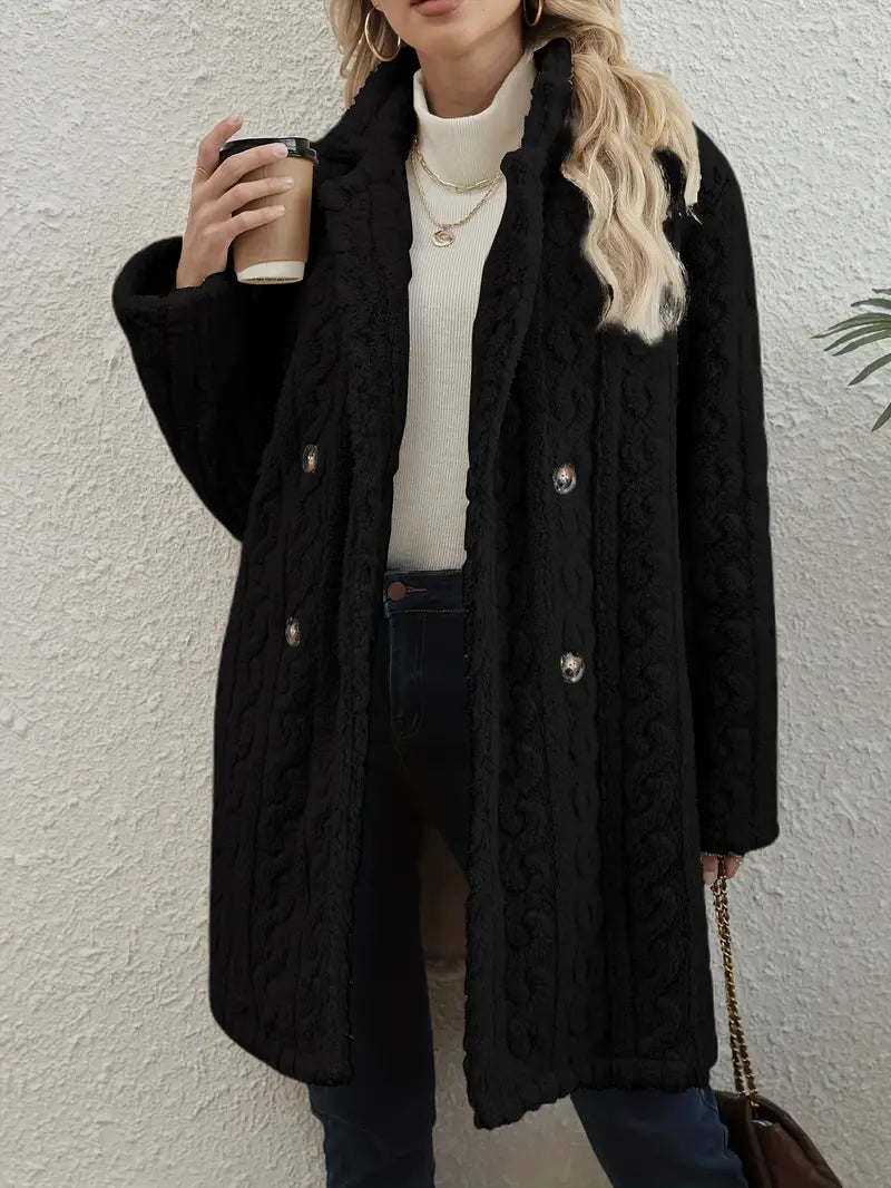 Women's ivory cable knit teddy overcoat with plush texture, cozy city-chic winter warmth