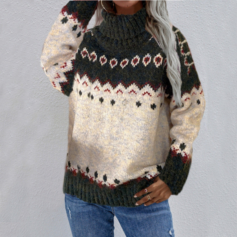 Cream Norwegian knit sweater high collar jacquard pattern cozy Nordic style cold weather