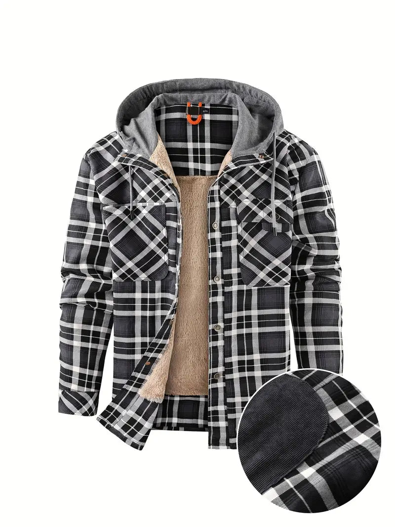 Unisex hooded checked jacket with cozy fleece lining, versatile outdoor coat in classic plaid design