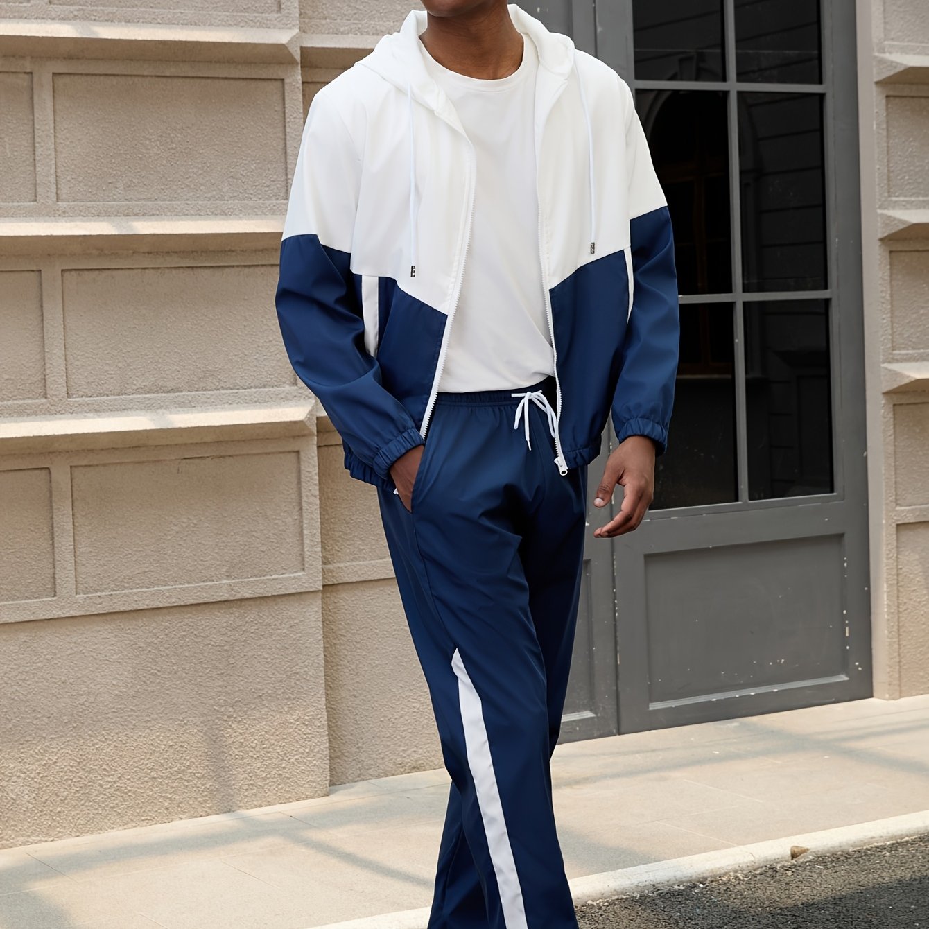 Men's color block hooded tracksuit, comfort fit two-piece leisure set for home and casual wear