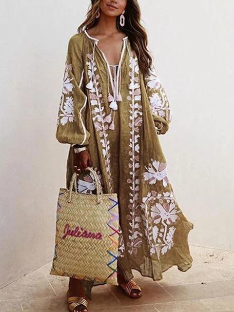 Oversized boho maxi dress cotton blend V-neck long sleeve casual summer light blue