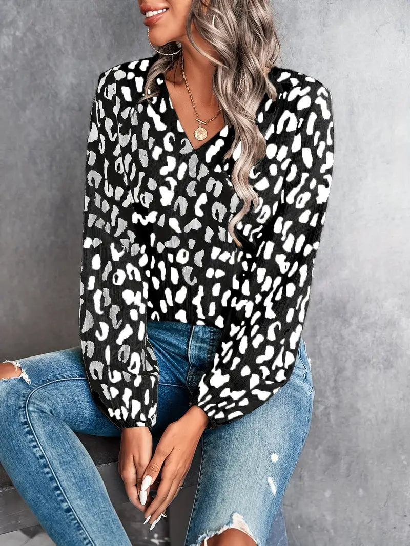 Women's leopard print V-neck blouse casual chic flattering silhouette everyday comfort top