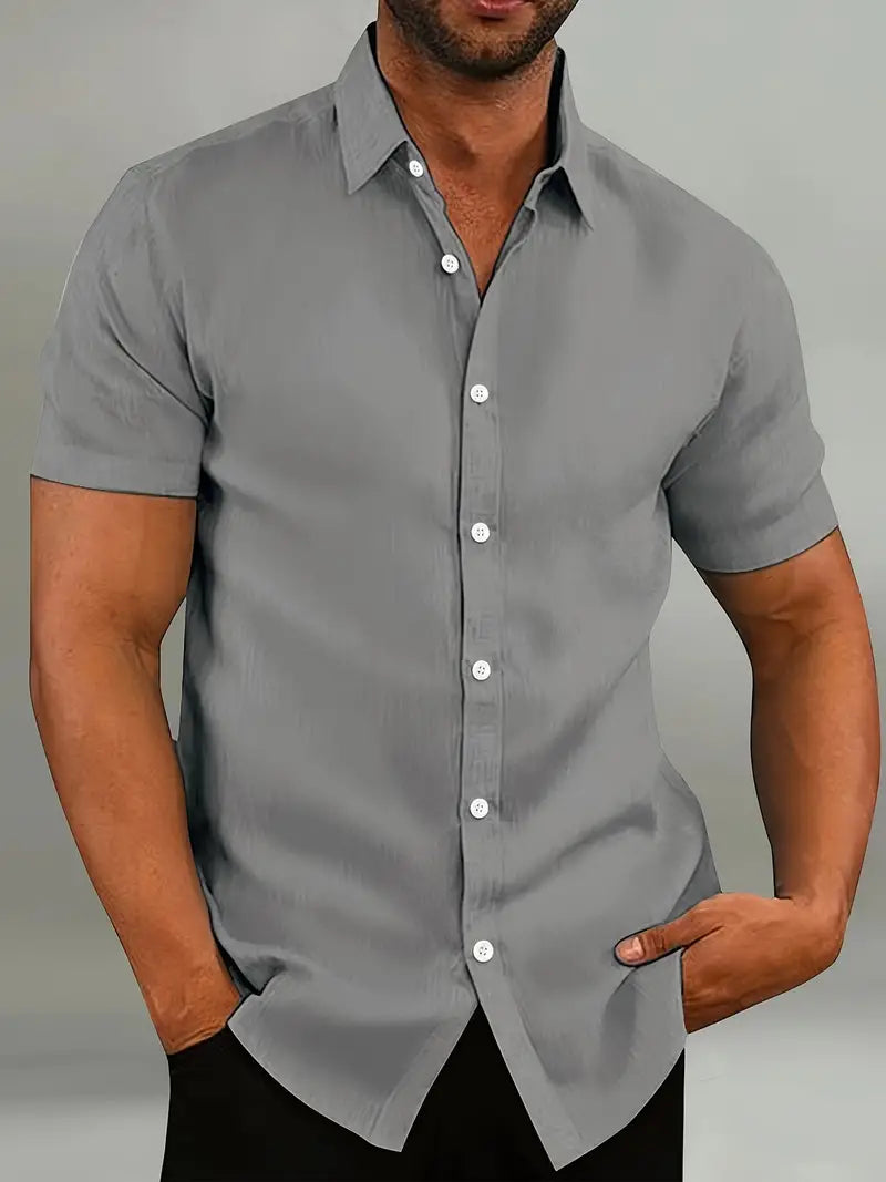Men's casual short sleeve button-down shirt lightweight breathable fabric warm weather relaxed fit