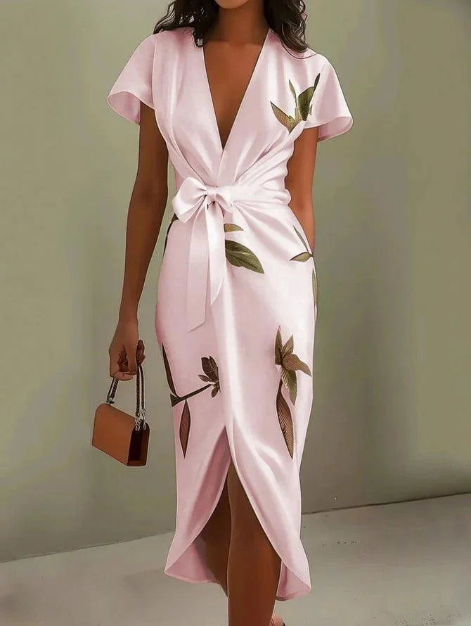 White satin leaf print wrap midi dress short sleeves V-neck sheath silhouette adjustable lace-up closure