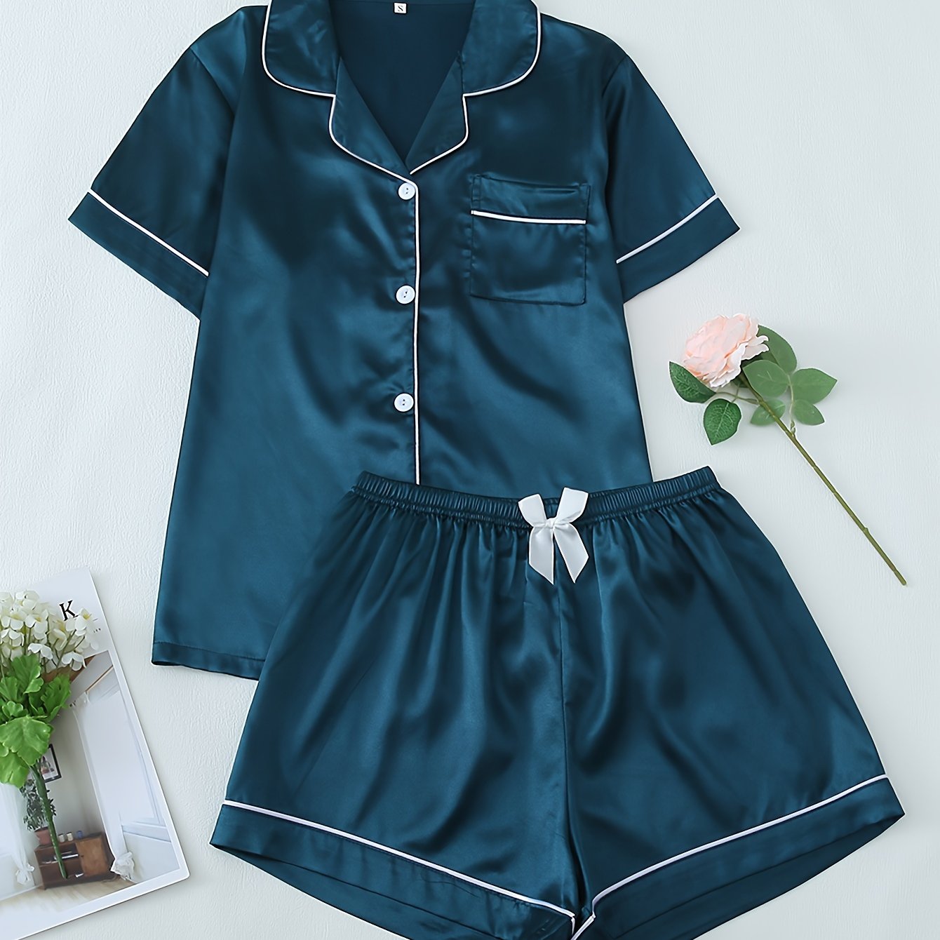Women's pajama set with button closure top and elastic waist shorts, cozy breathable sleepwear