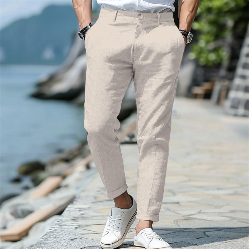 Men's straight-leg linen pants breathable lightweight fabric timeless summer style