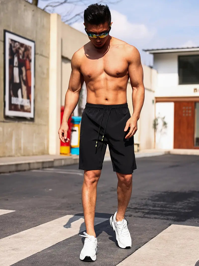 Men's gray athletic shorts slim fit breathable fabric with secure zippered pockets for gym