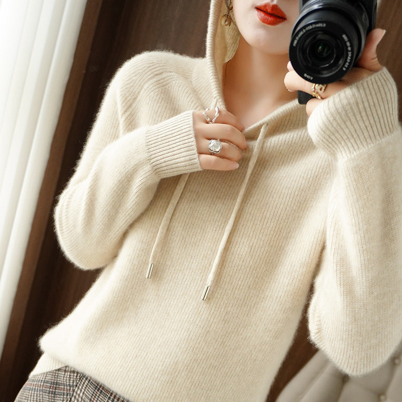 Women's beige cashmere ribbed knit hoodie sweater with drawstring hood and premium soft texture