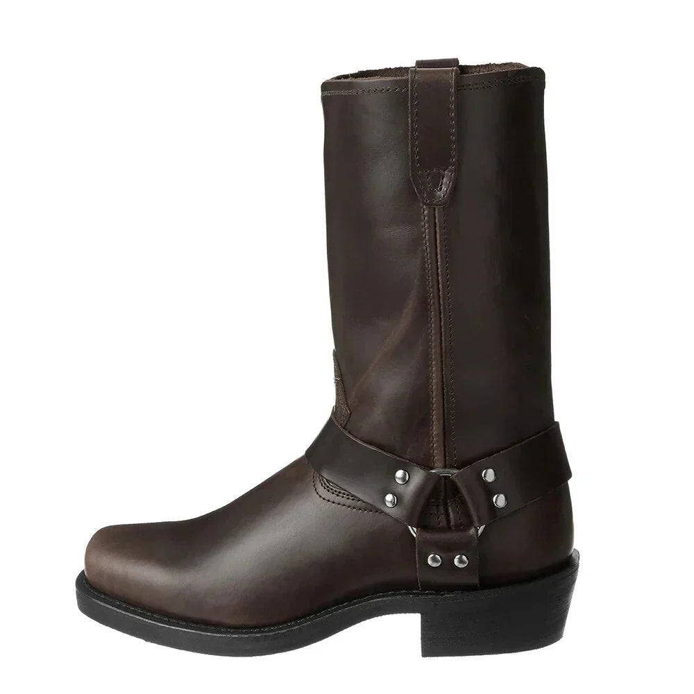 Men's brown leather western cowboy boots with classic stitching and durable ranch-ready construction