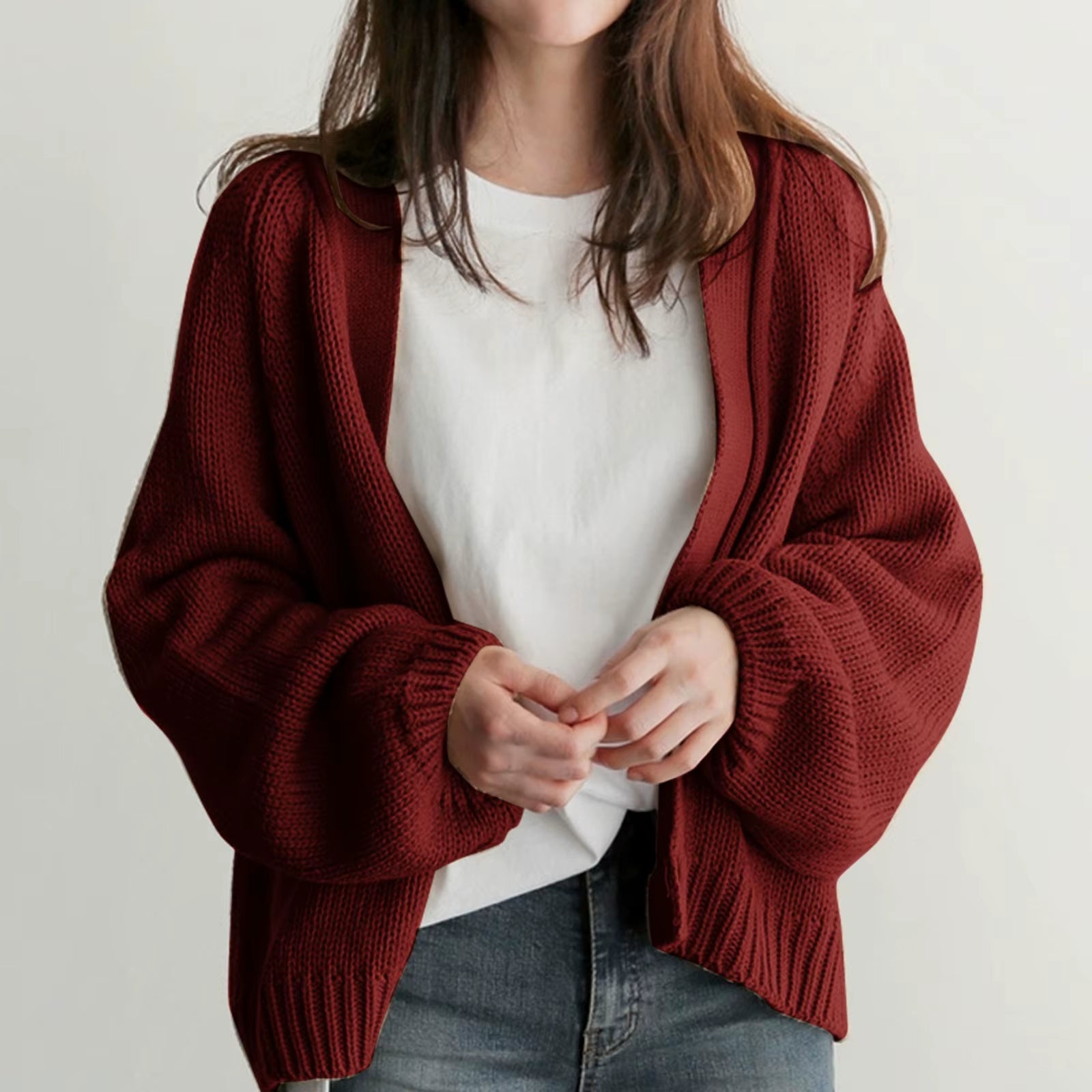 Women's beige open-front lounge cardigan, relaxed drop-shoulder midweight knit layering piece