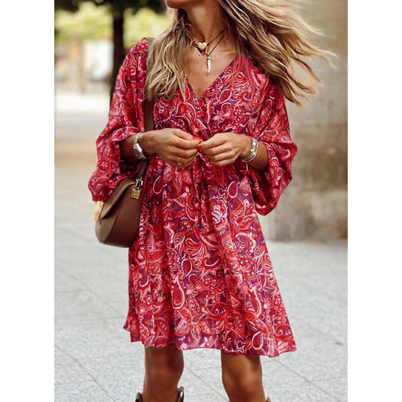 Women's bohemian summer dress, flowy silhouette in earthy tones, sustainable everyday style