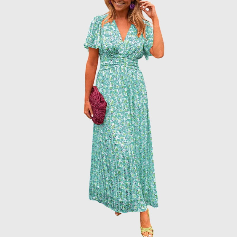 Women's flowing short sleeve summer dress in breezy relaxed silhouette with airy drape